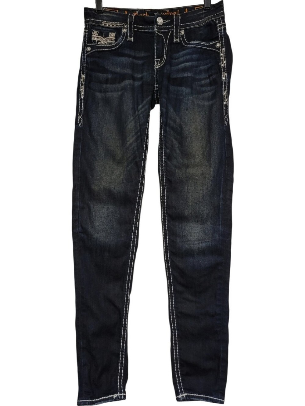 Rock Revival Karla Skinny Jeans Dark Wash Decorated Pocket Measures 29x34, SZ 26